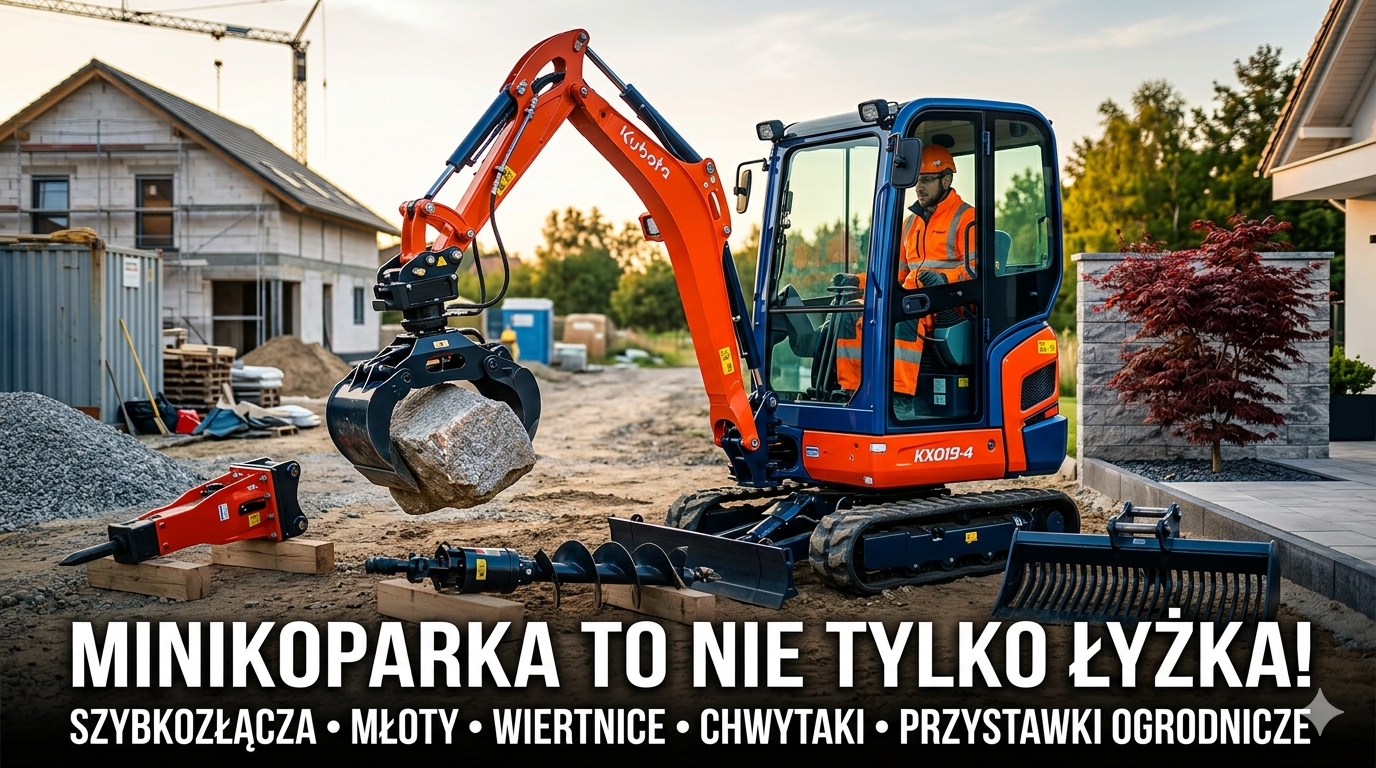 Obrazek przedstawia koparkę Kubota a także akcesoria